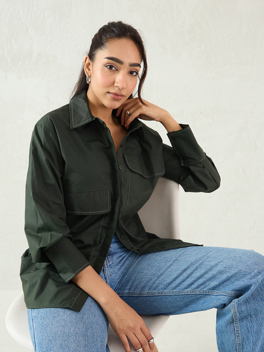 Olive Stitch Detailing Poplin Shirt