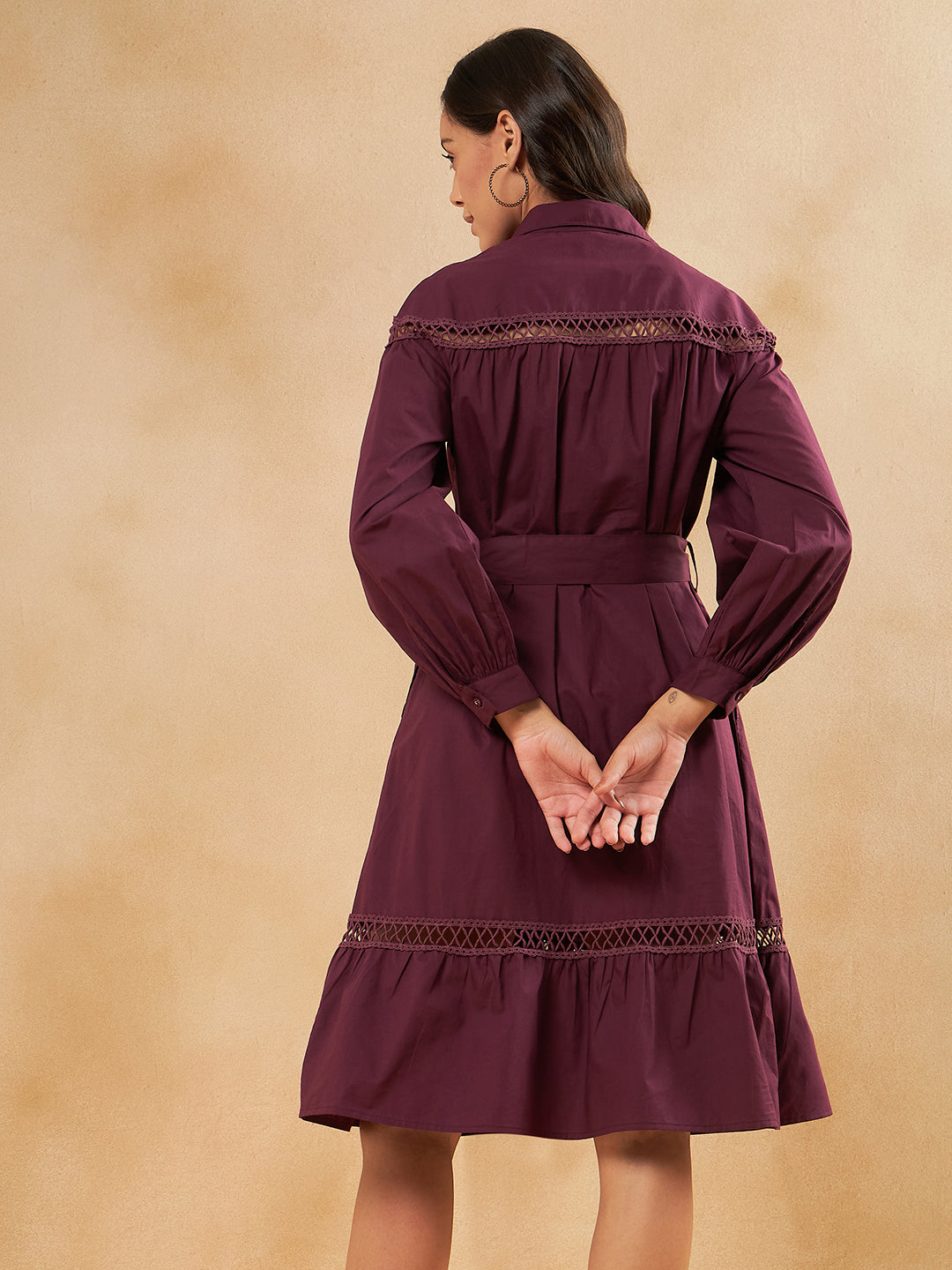 Wine Cotton Poplin Lace Detail Midi Dress