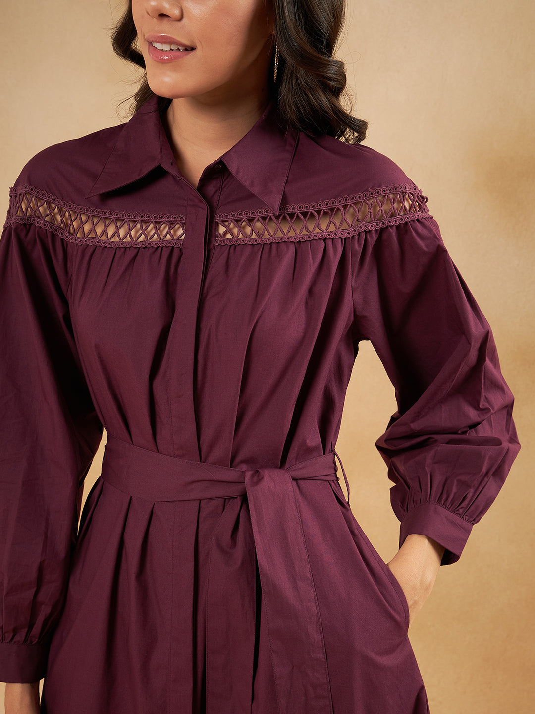 Wine Cotton Poplin Lace Detail Midi Dress