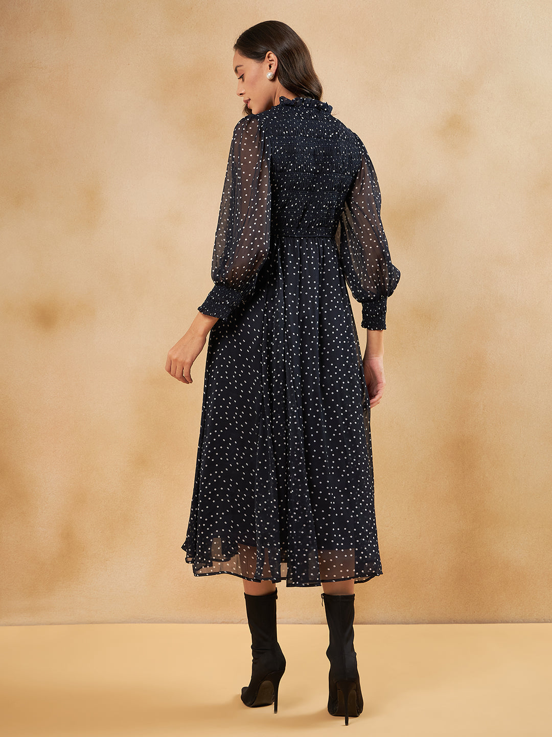 Navy Polka Smocked Maxi Dress