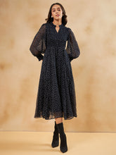 Navy Polka Smocked Maxi Dress