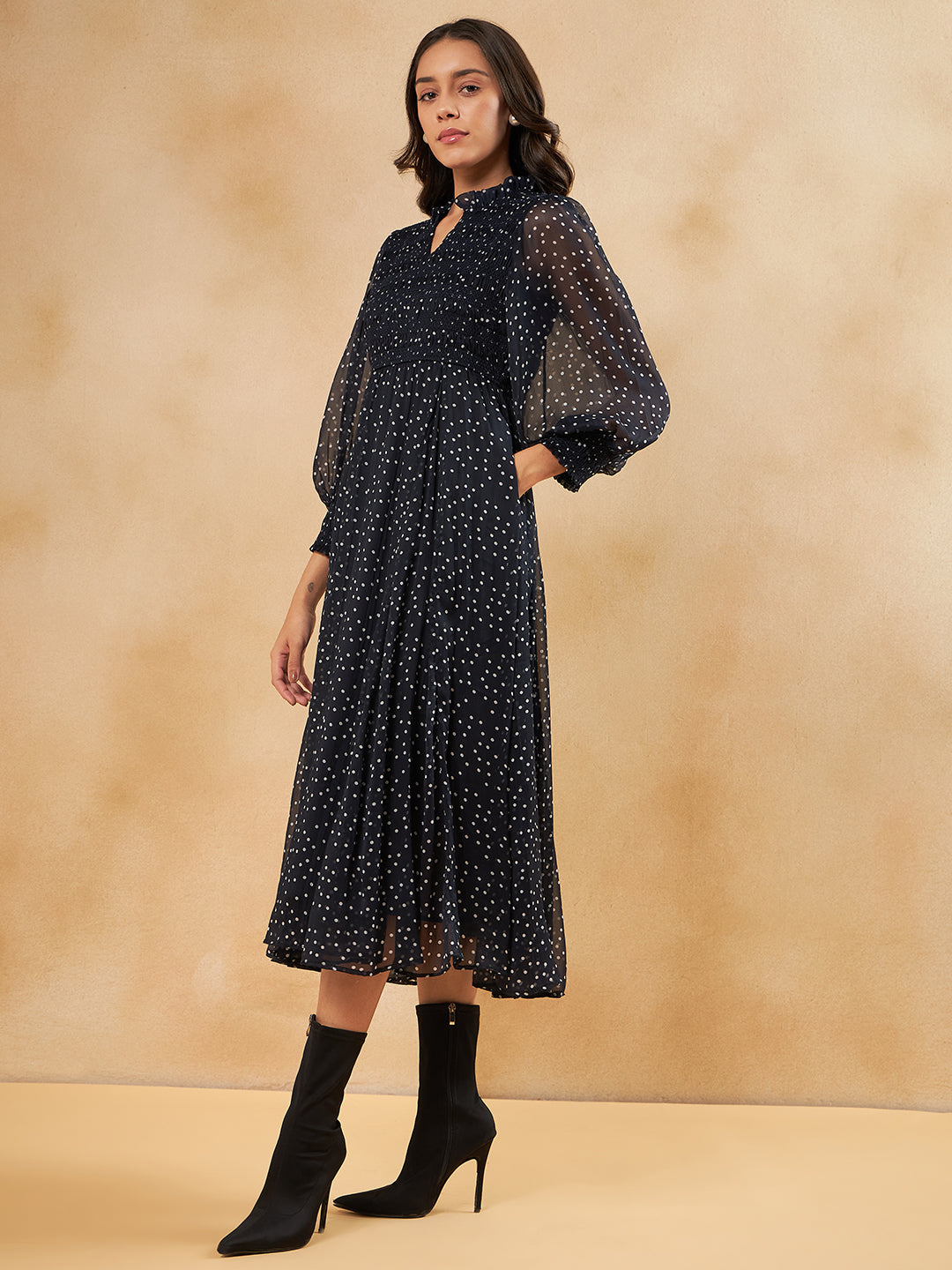 Navy Polka Smocked Maxi Dress