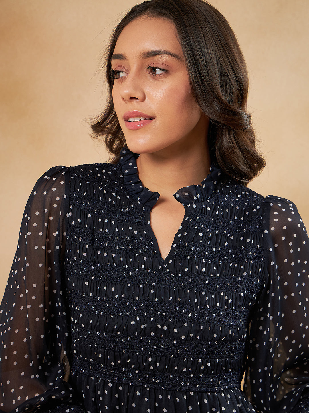 Navy Polka Smocked Maxi Dress