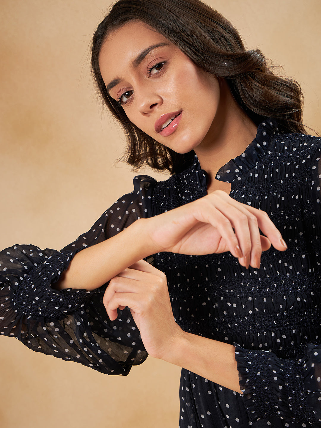 Navy Polka Smocked Maxi Dress