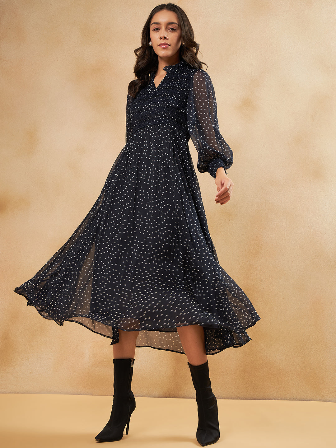 Navy Polka Smocked Maxi Dress
