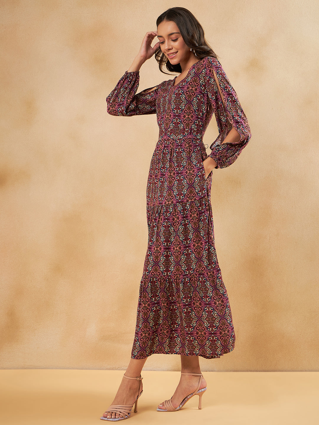 Pink Tile Printed Tiered Maxi Dress