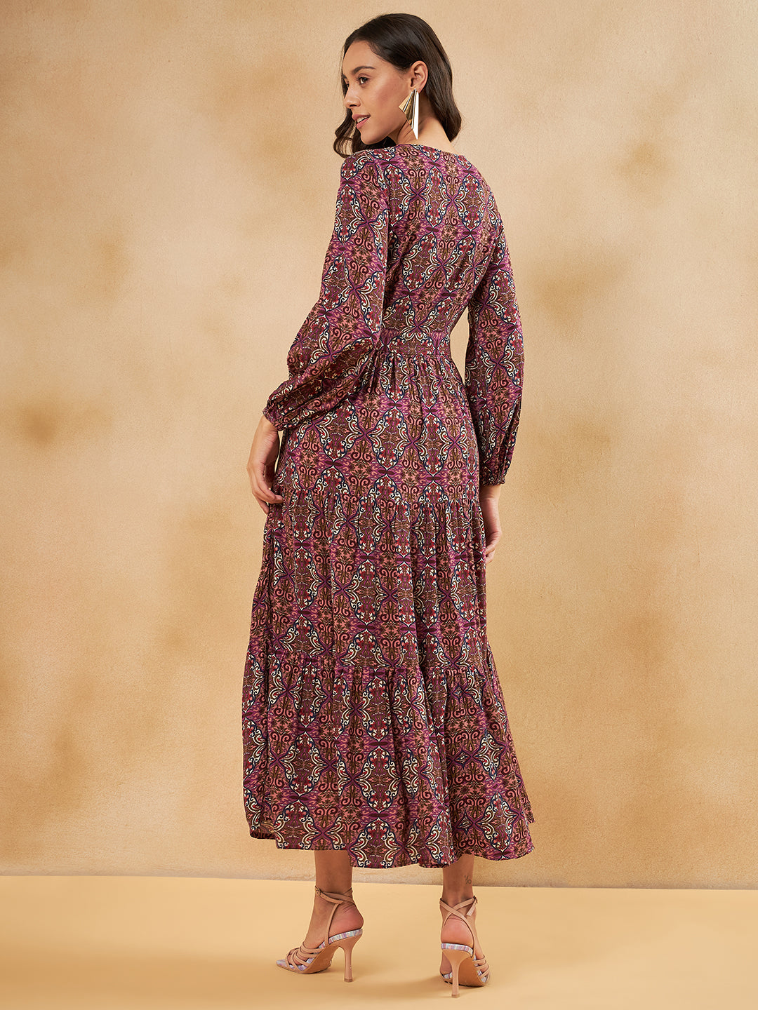 Pink Tile Printed Tiered Maxi Dress