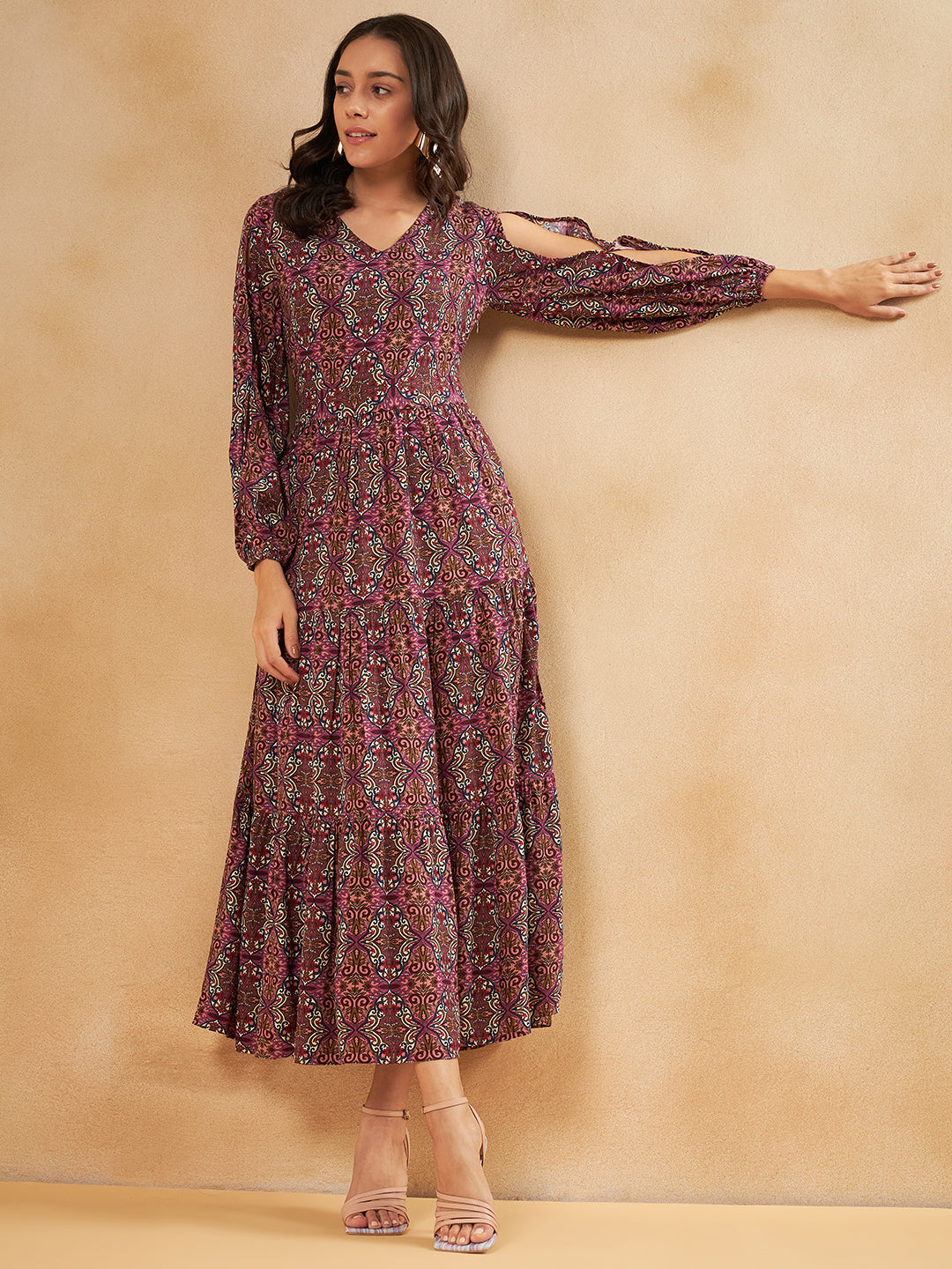 Pink Tile Printed Tiered Maxi Dress