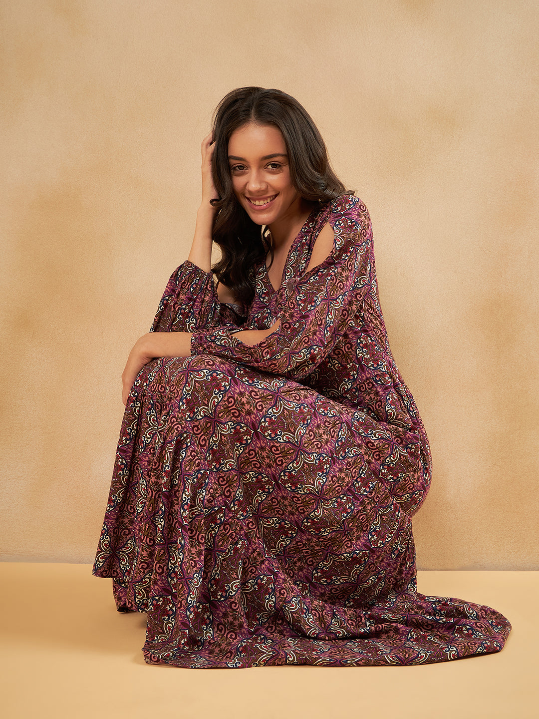 Pink Tile Printed Tiered Maxi Dress