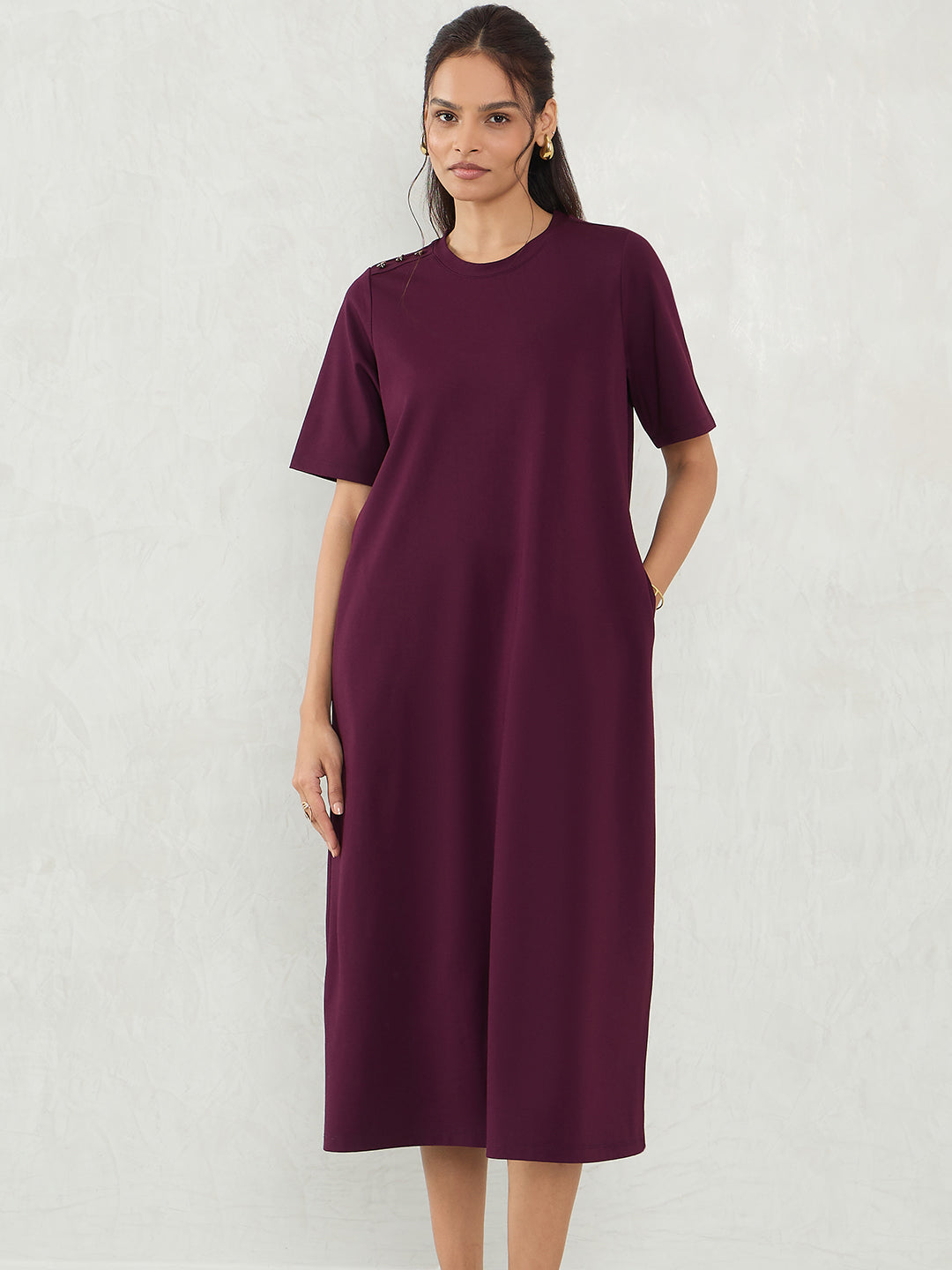 Wine Knit Slit Detail Midi Dress