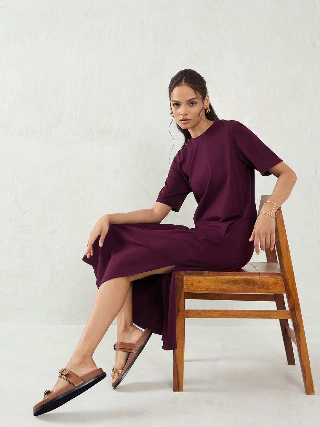Wine Knit Slit Detail Midi Dress