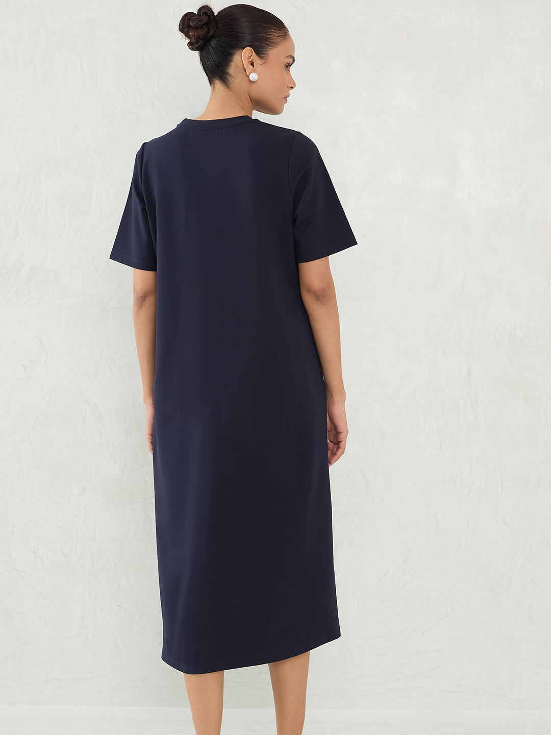 Navy Knit Slit Detail Midi Dress