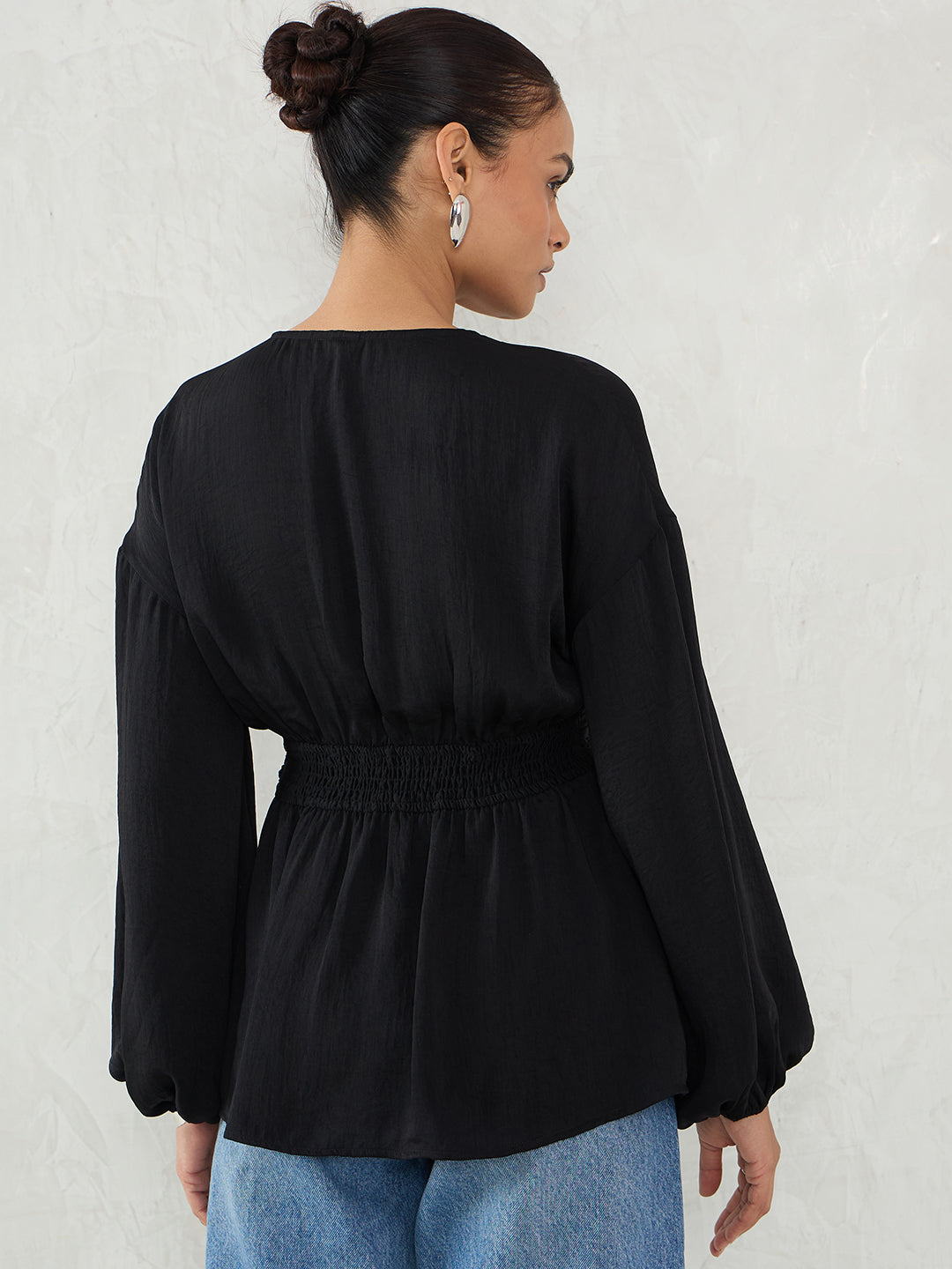 Black Satin Wrap Cinched Waist Top