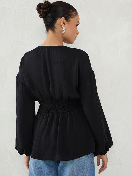 Black Satin Wrap Cinched Waist Top