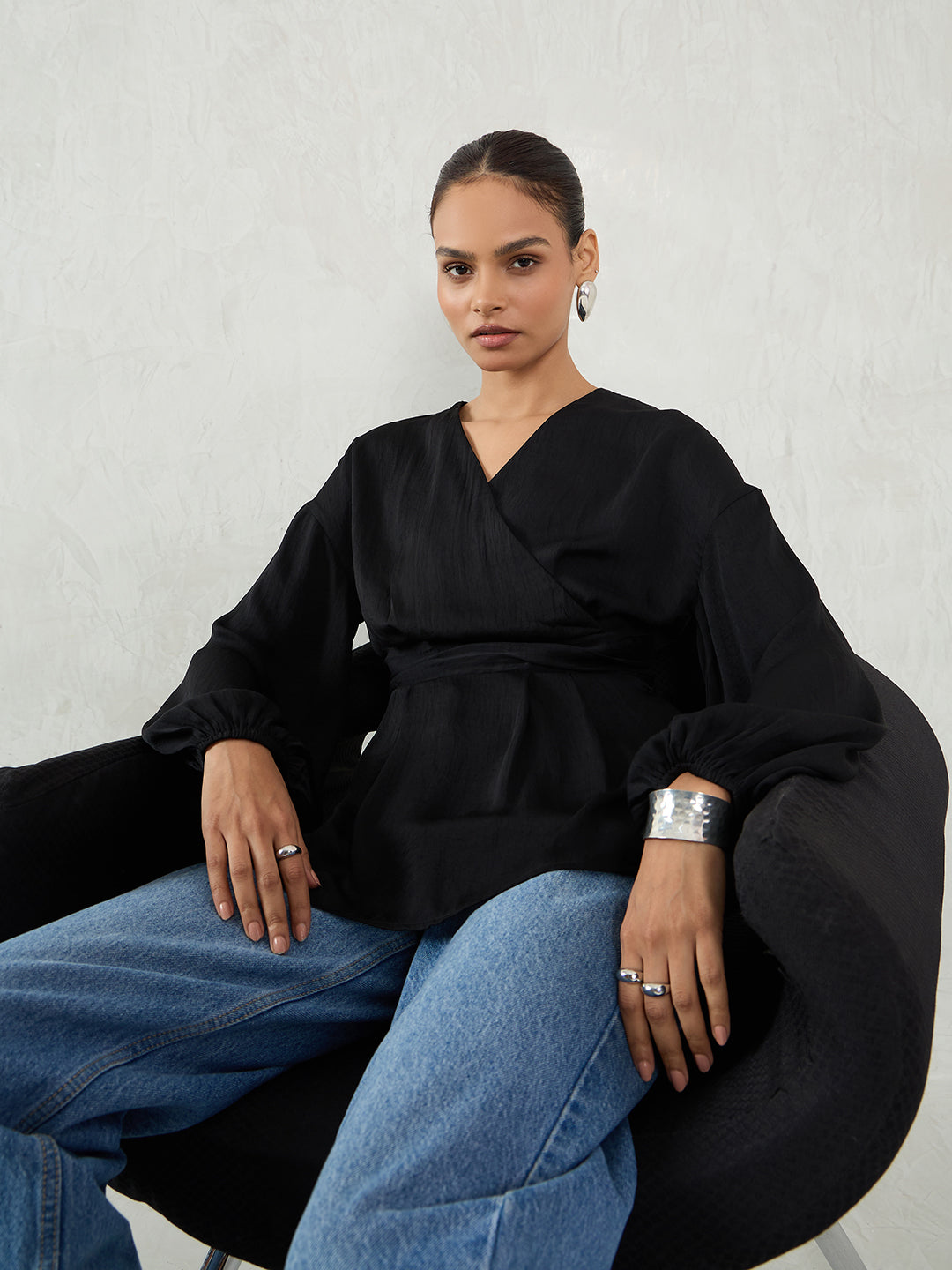 Black Satin Wrap Cinched Waist Top