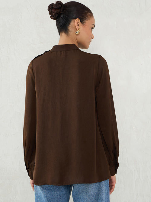 Coffee Brown Satin Button Detail Top
