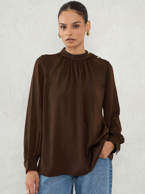 Coffee Brown Satin Button Detail Top