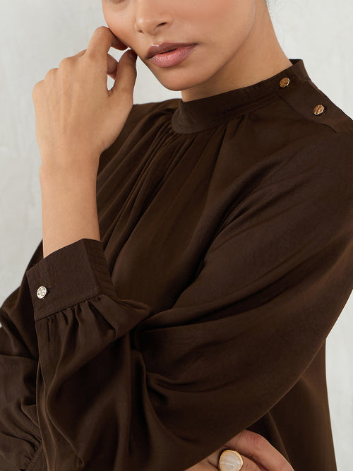 Coffee Brown Satin Button Detail Top