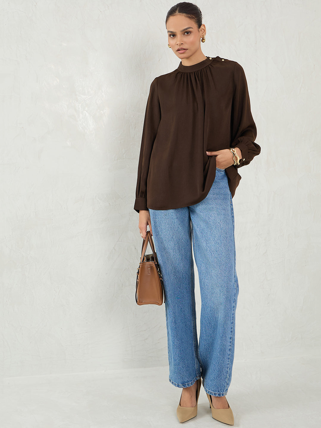 Coffee Brown Satin Button Detail Top