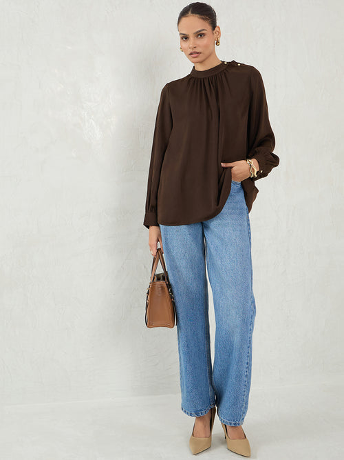 Coffee Brown Satin Button Detail Top
