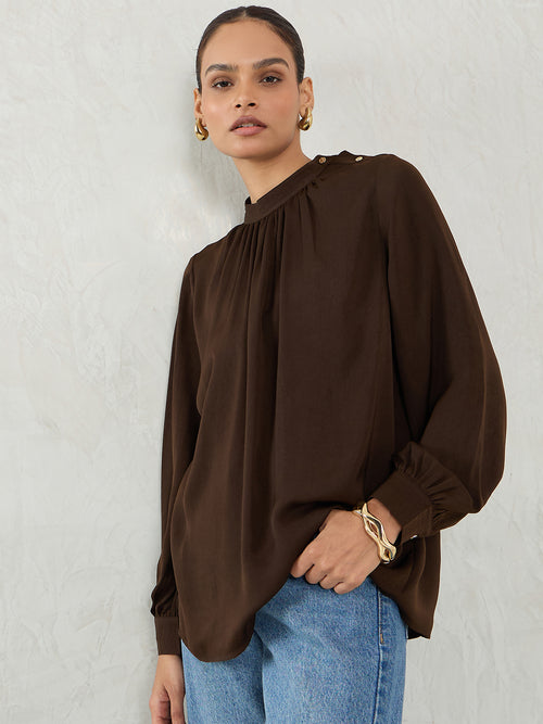 Coffee Brown Satin Button Detail Top