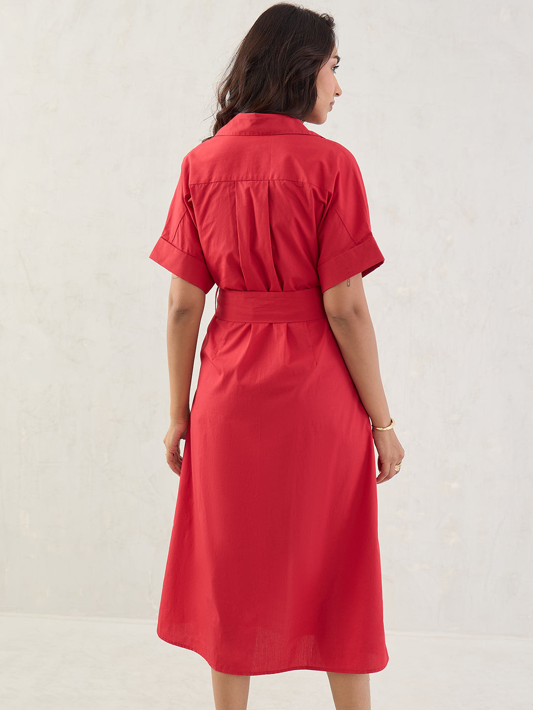 Red Poplin Shirt Midi Dress