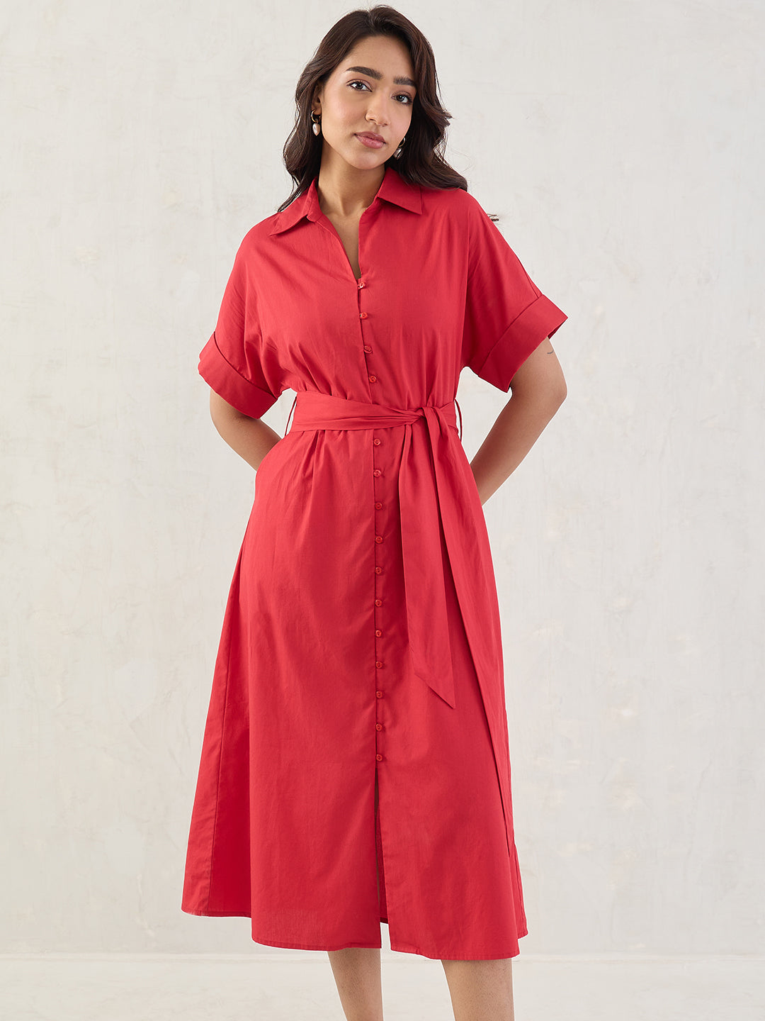 Red Poplin Shirt Midi Dress