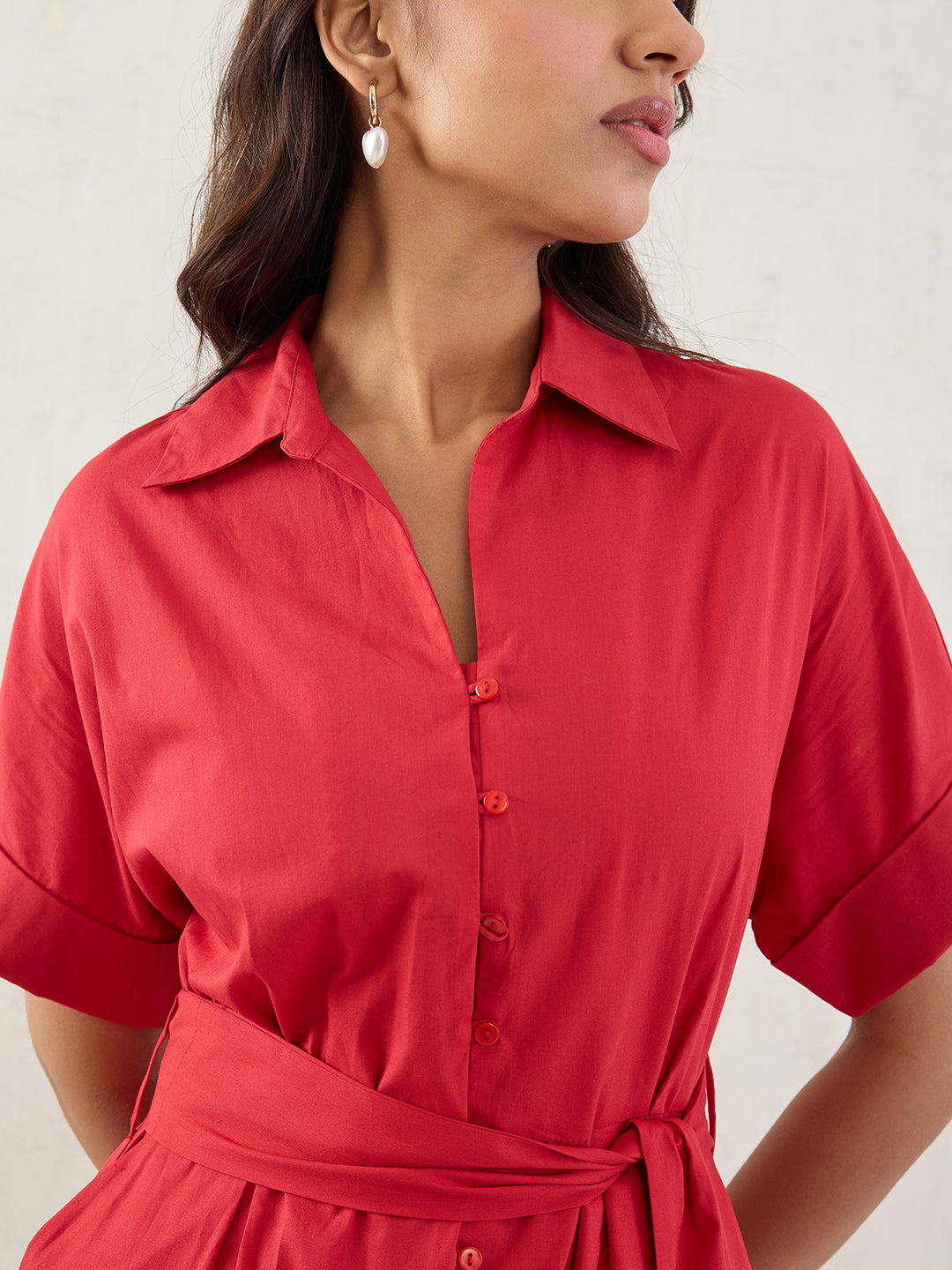 Red Poplin Shirt Midi Dress