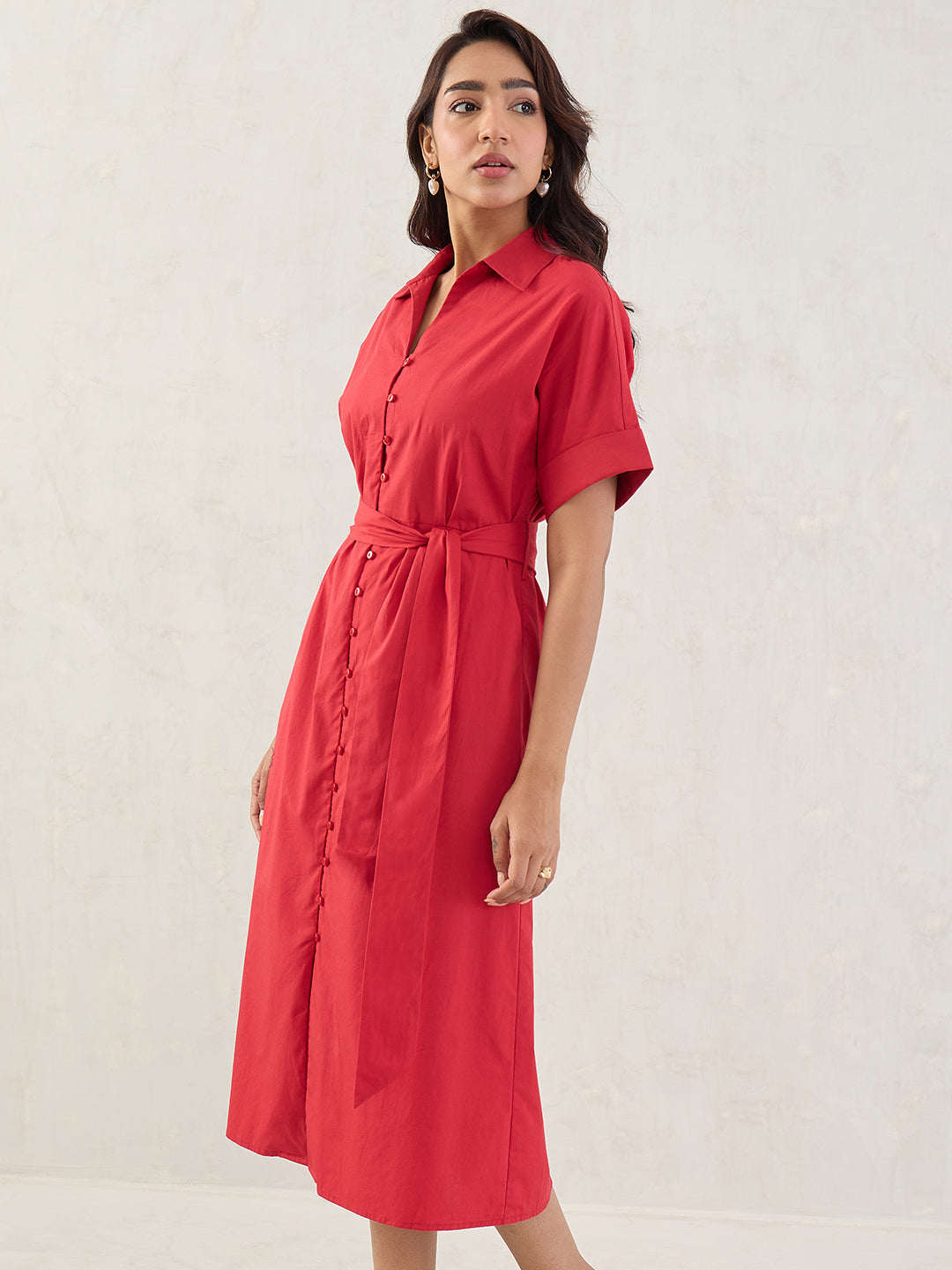 Red Poplin Shirt Midi Dress