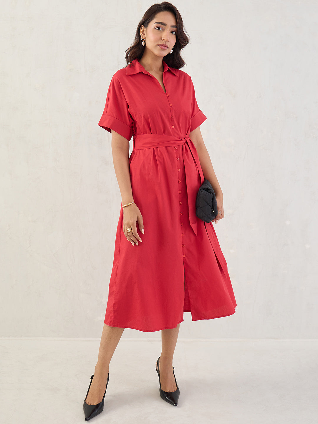 Red Poplin Shirt Midi Dress