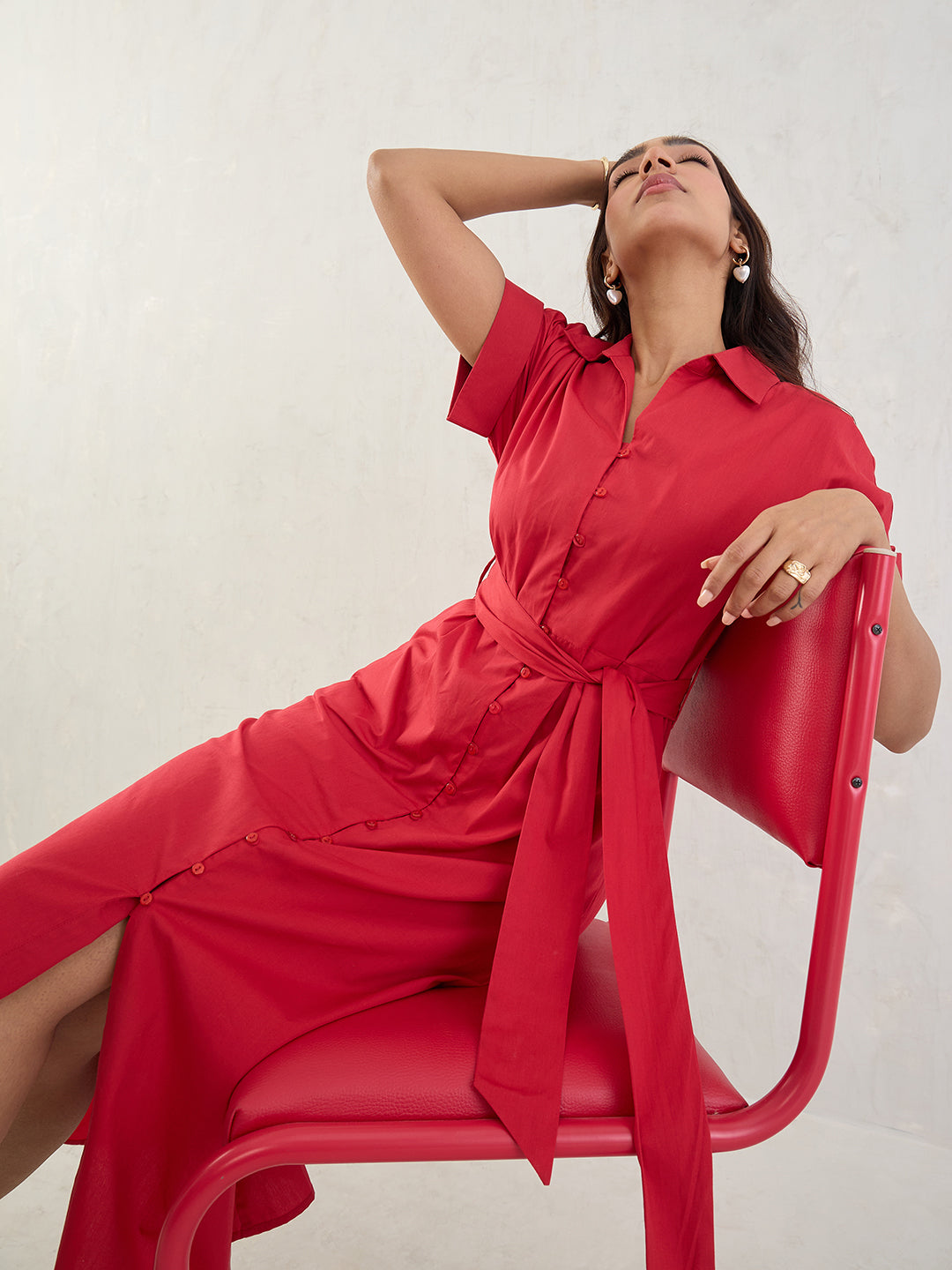 Red Poplin Shirt Midi Dress