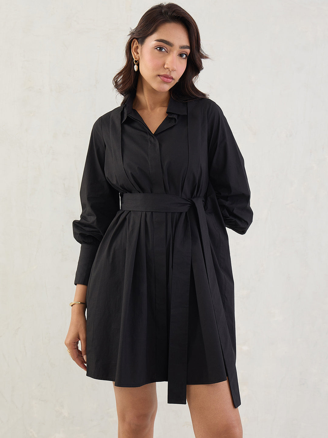 Black Poplin Pleated Mini Dress