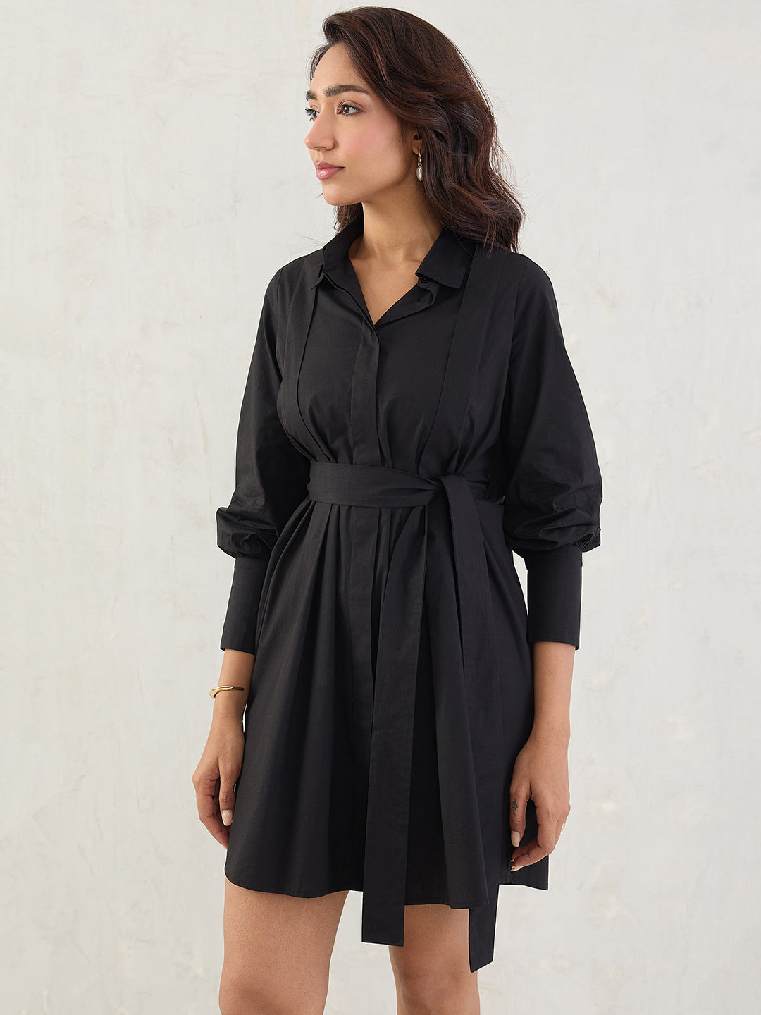 Black Poplin Pleated Mini Dress