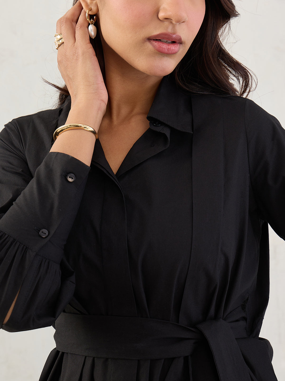 Black Poplin Pleated Mini Dress