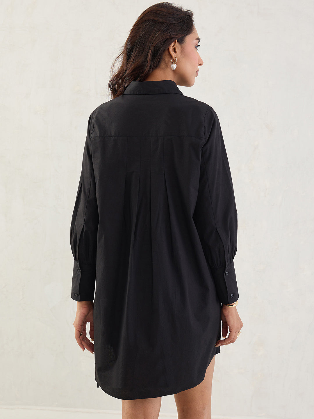 Black Poplin Pleated Mini Dress