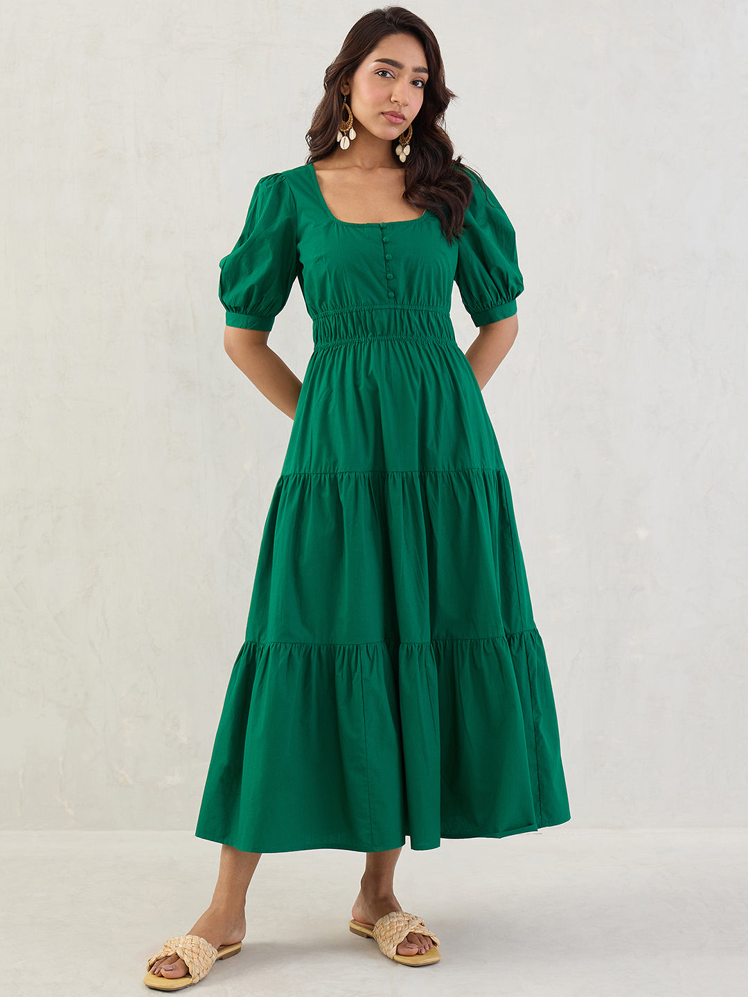Green Poplin Smocked Maxi Dress