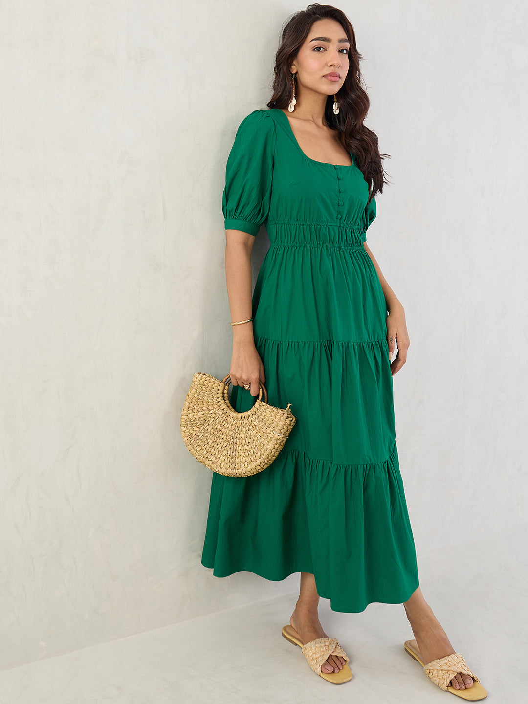 Green Poplin Smocked Maxi Dress