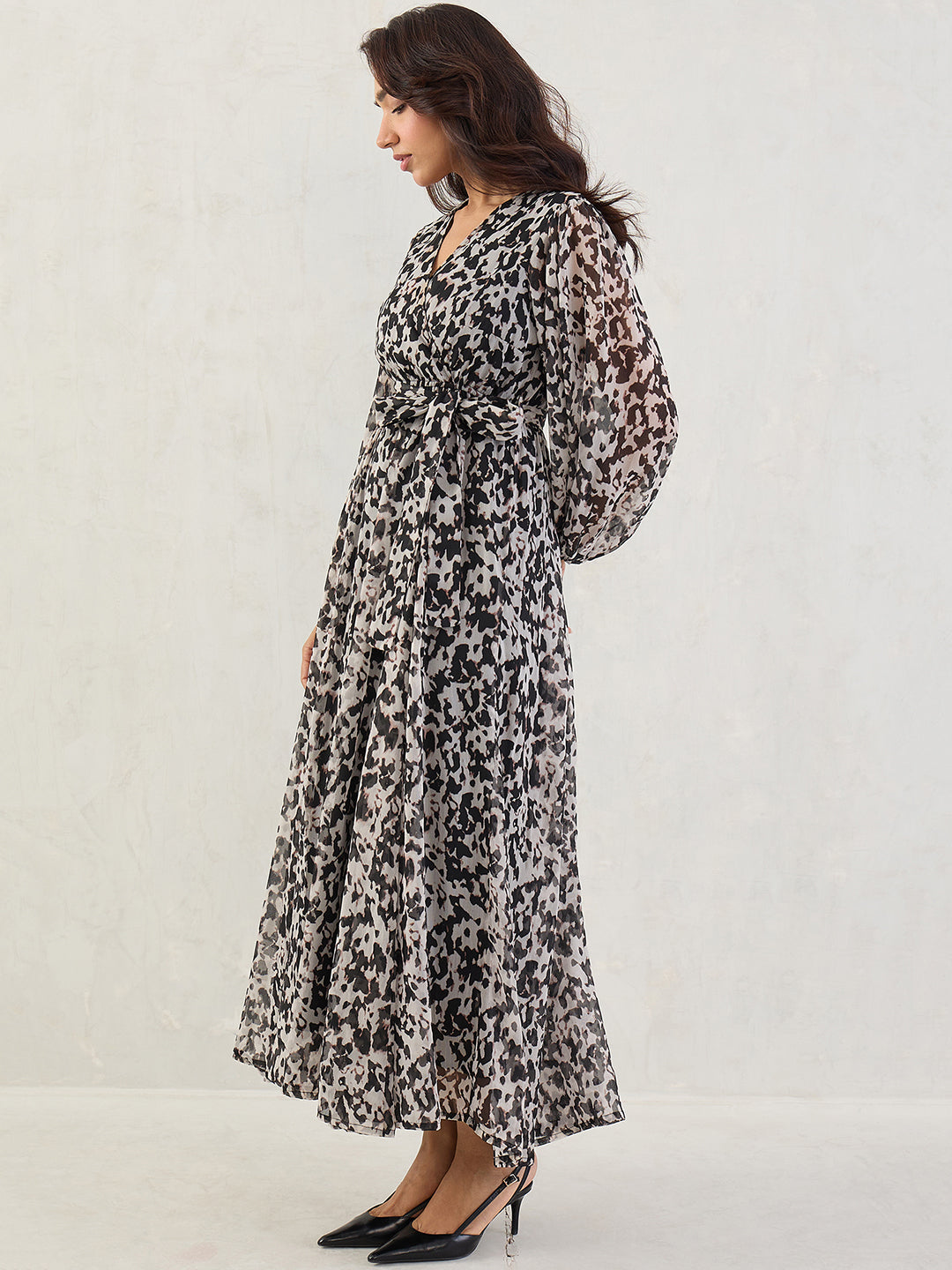 Black Abstract Print Wrap Maxi Dress