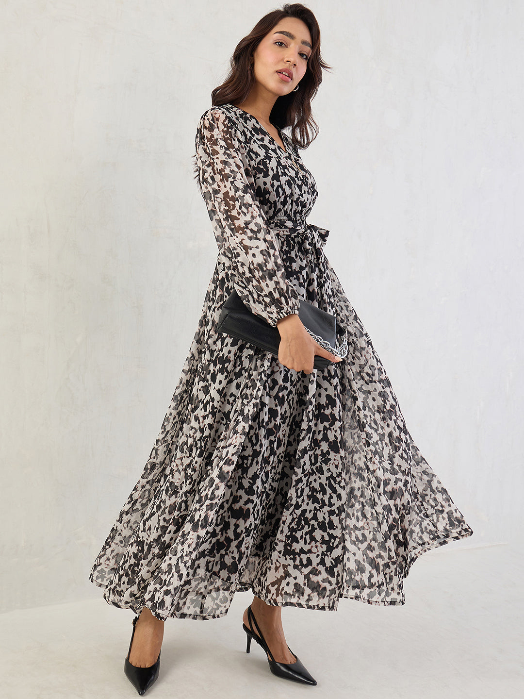 Black Abstract Print Wrap Maxi Dress