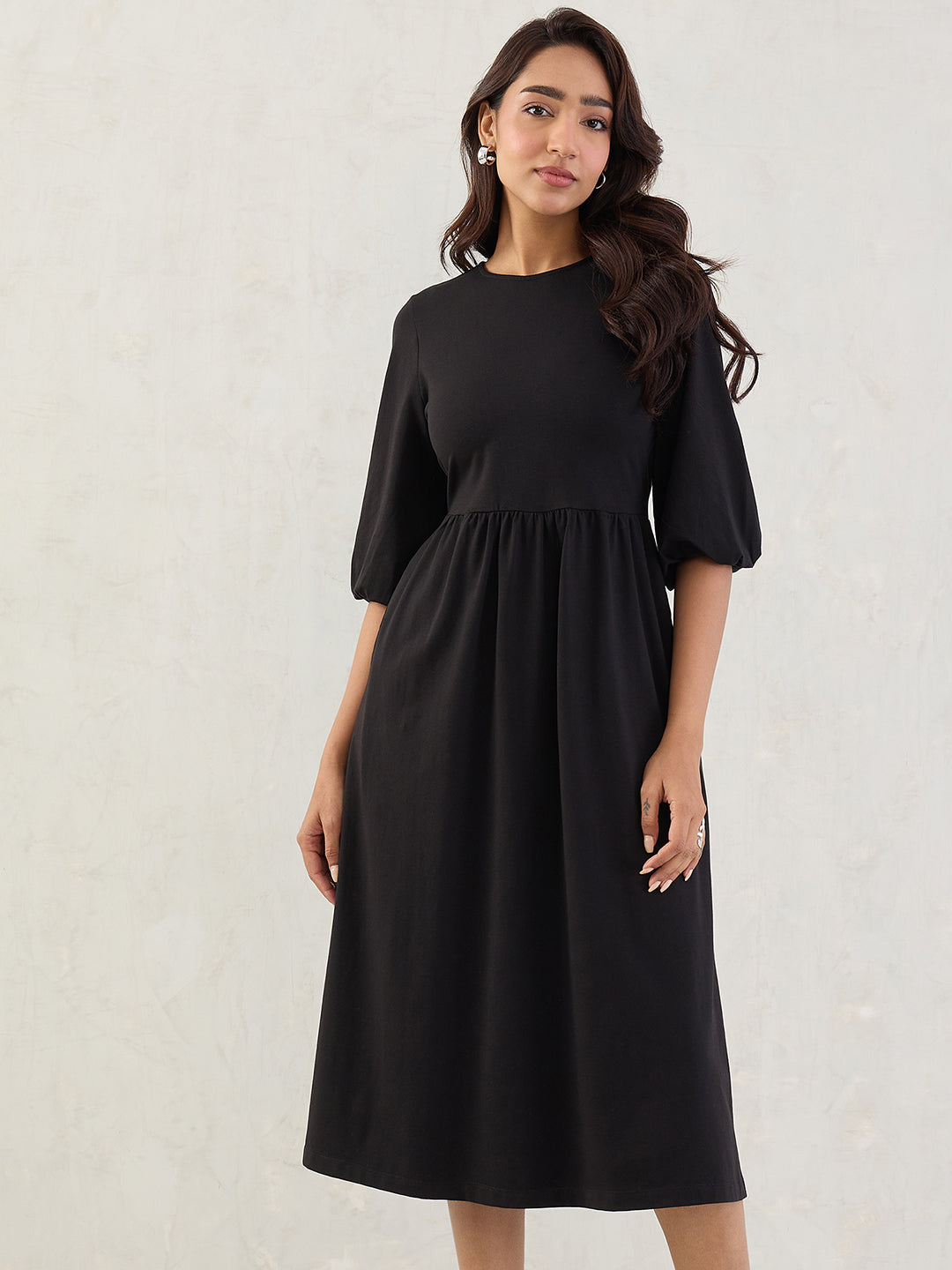 Black Cotton Knitted Midi Dress
