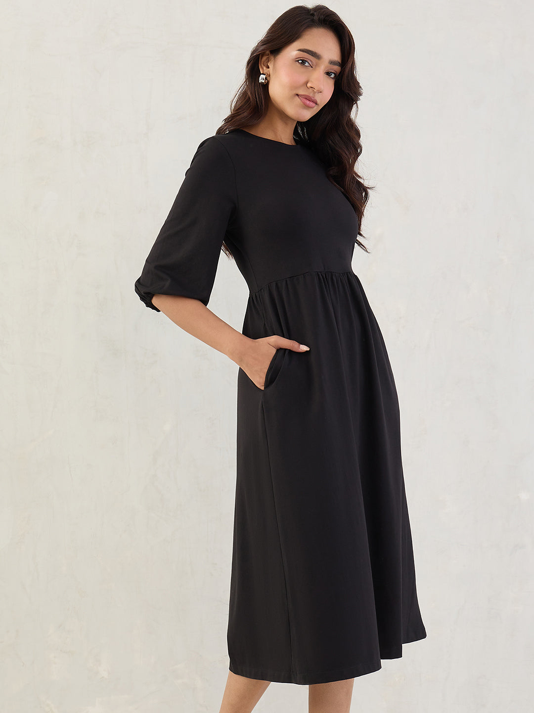 Black Cotton Knitted Midi Dress