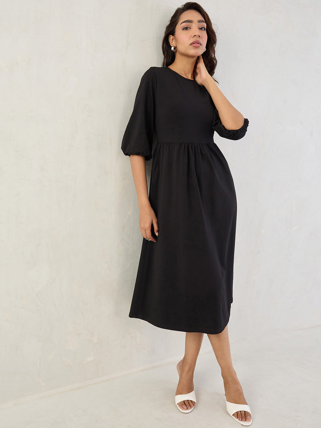 Black Cotton Knitted Midi Dress