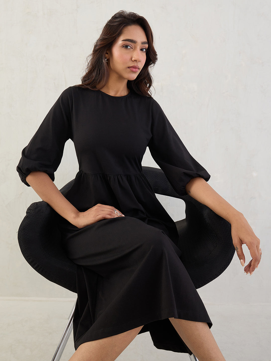 Black Cotton Knitted Midi Dress