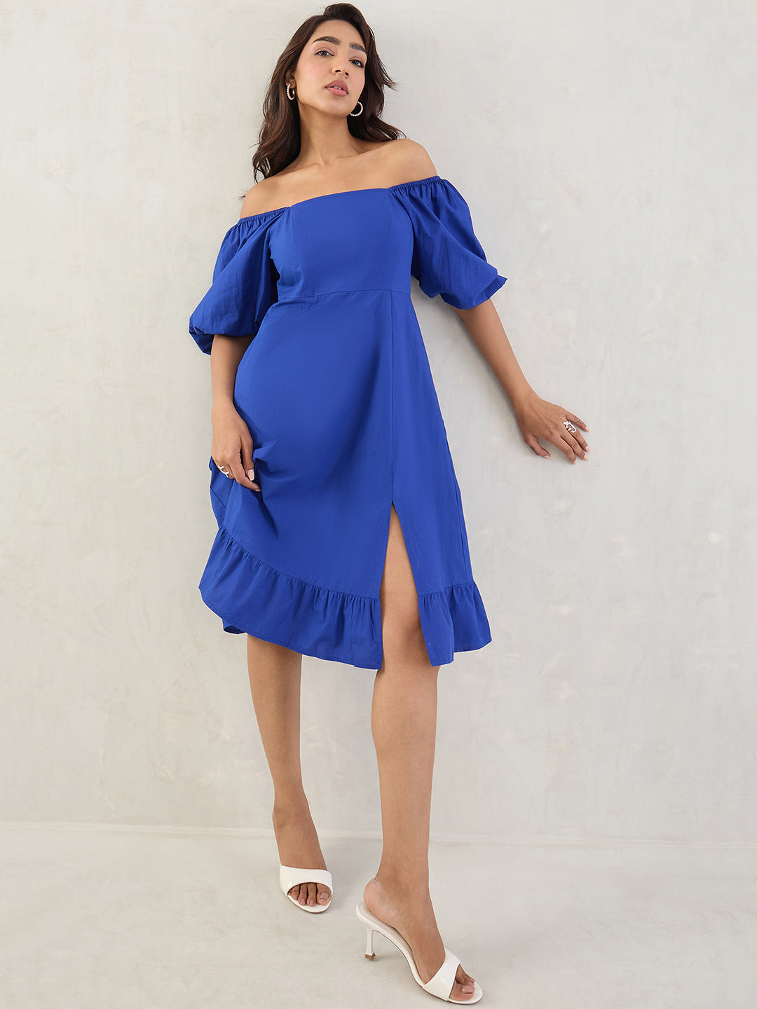 Royal Blue Poplin Square Neck Midi Dress
