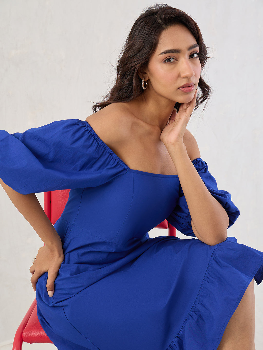 Royal Blue Poplin Square Neck Midi Dress