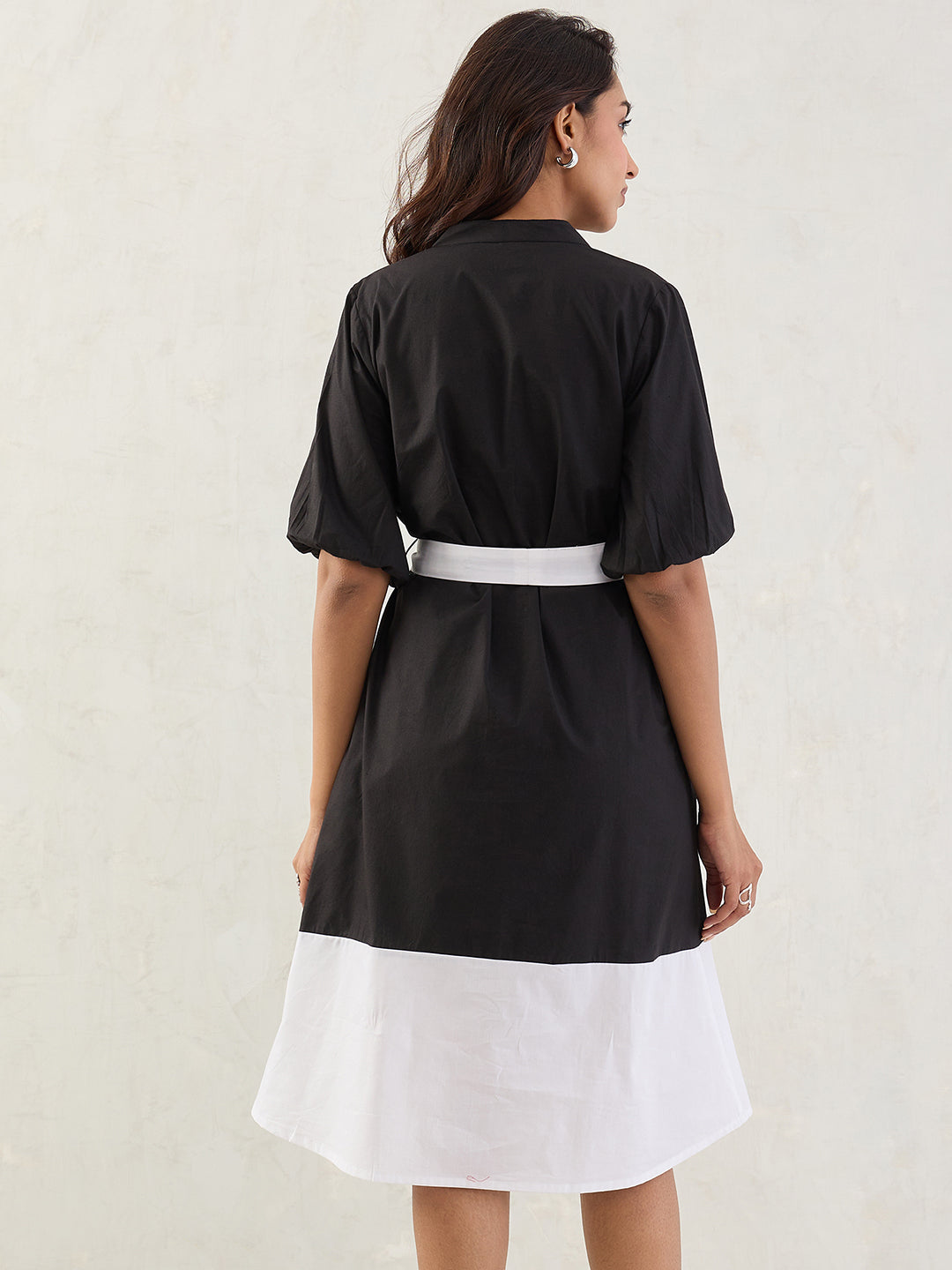 Black Colorblock Button Down Midi Dress