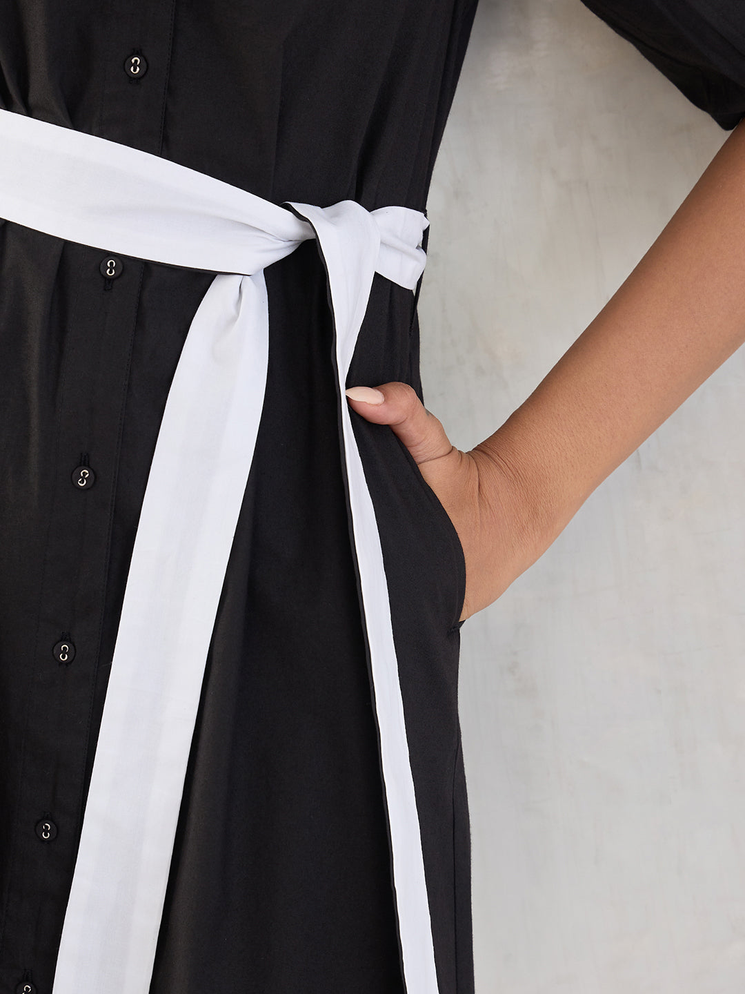 Black Colorblock Button Down Midi Dress