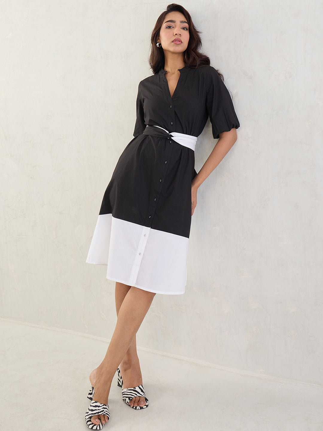 Black Colorblock Button Down Midi Dress