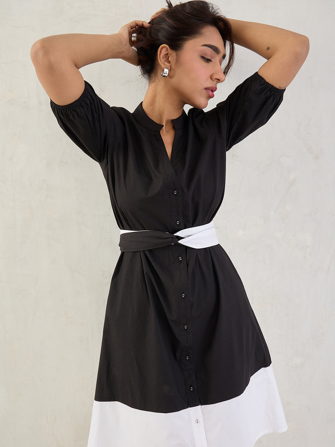 Black Colorblock Button Down Midi Dress