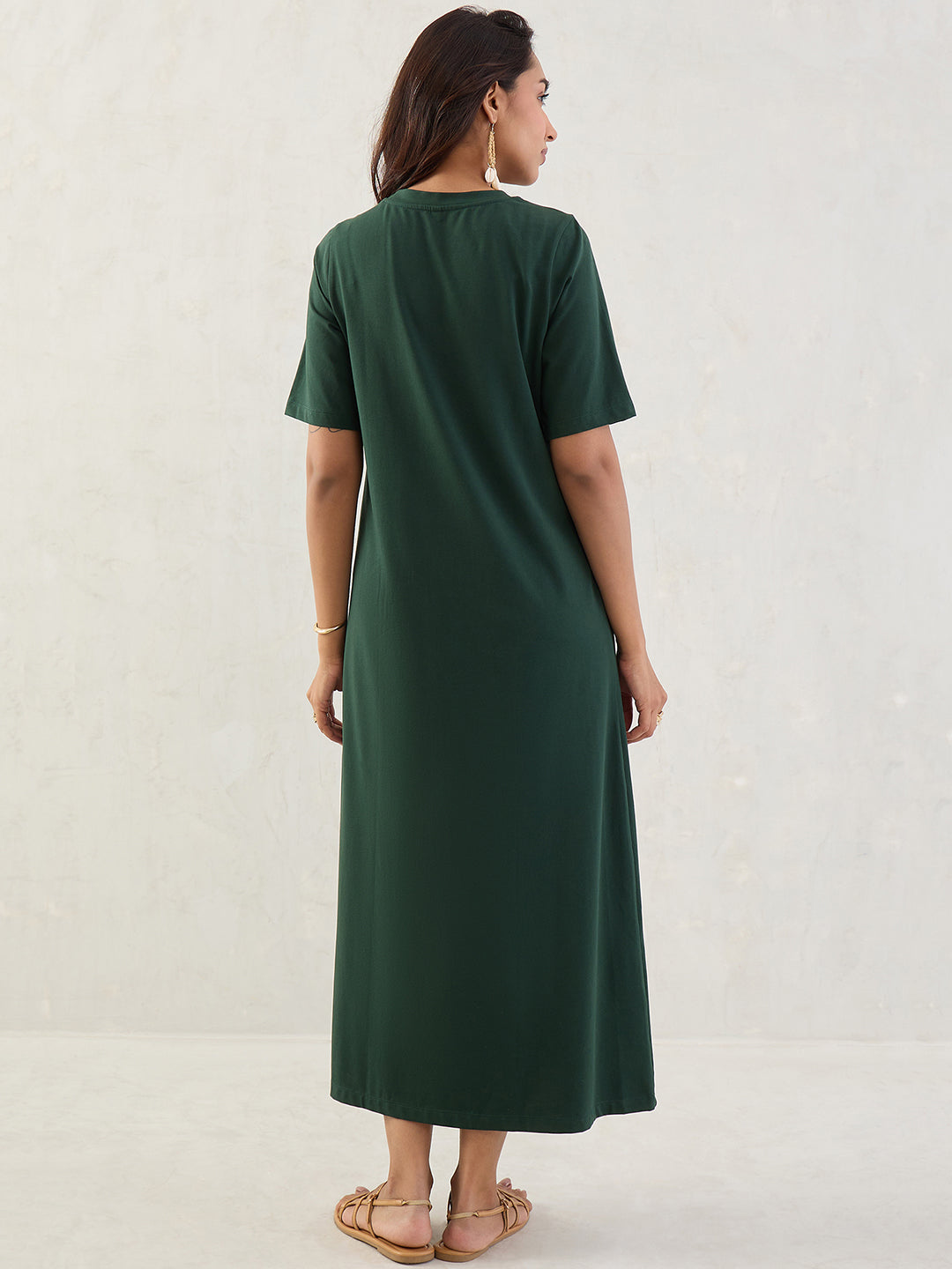 Forest Green Cotton Knit Slit Maxi Dress